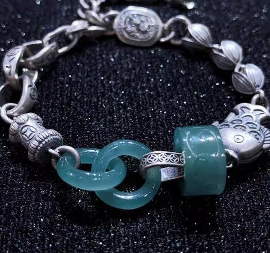 時根坊天然A貨翡翠環環相扣冰種 手串(14-20cm)