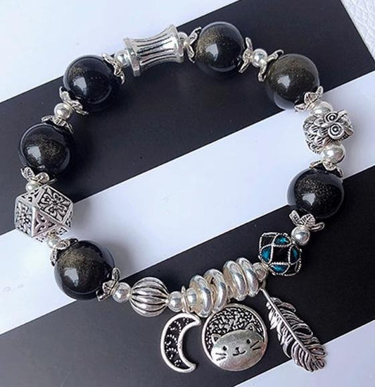 時根坊招財天然金曜石純銀 手串(14-20cm)