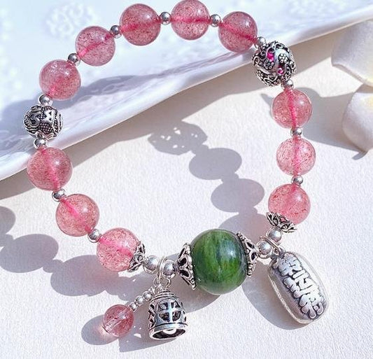 時根坊天然綠透輝石冰種草莓晶粉紅水晶 手串(14-20cm)