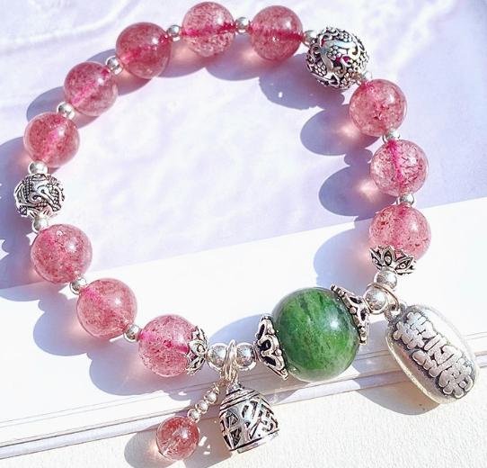 時根坊天然綠透輝石冰種草莓晶粉紅水晶 手串(14-20cm)