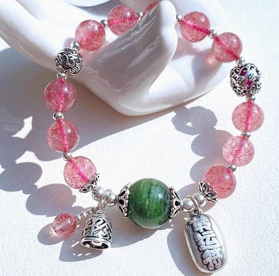 時根坊天然綠透輝石冰種草莓晶粉紅水晶 手串(14-20cm)