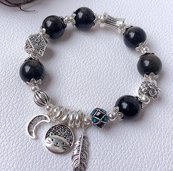 時根坊招財天然金曜石純銀 手串(14-20cm)