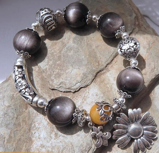 時根坊高級天然銀曜石老黃玉 手串(14-20cm)