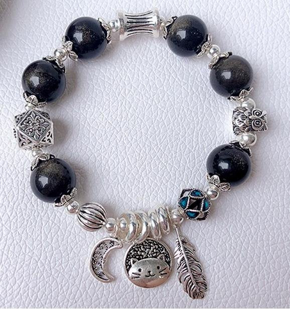 時根坊招財天然金曜石純銀 手串(14-20cm)