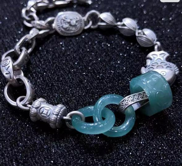 時根坊天然A貨翡翠環環相扣冰種 手串(14-20cm)